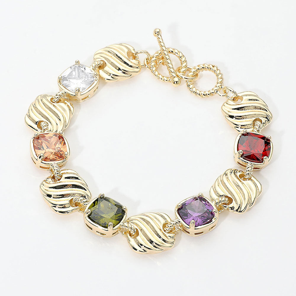 Madeline Love Gold, Multi 14K Gold Plated Multicolor Square CZ Cluster Textured Plate Link Toggle Bracelet