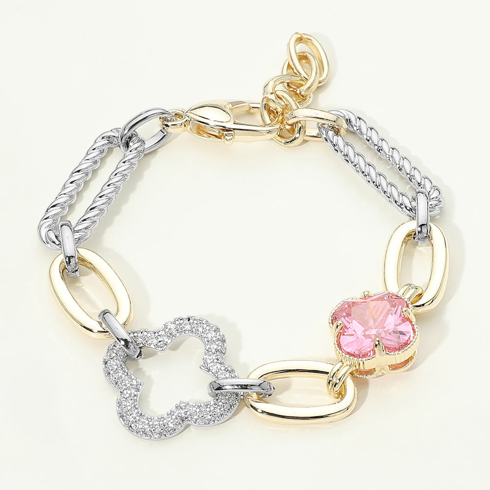 Madeline Love Gold, Rose 14K Gold Plated CZ Stone Double Clover Accent Oval Link Chain Bracelet