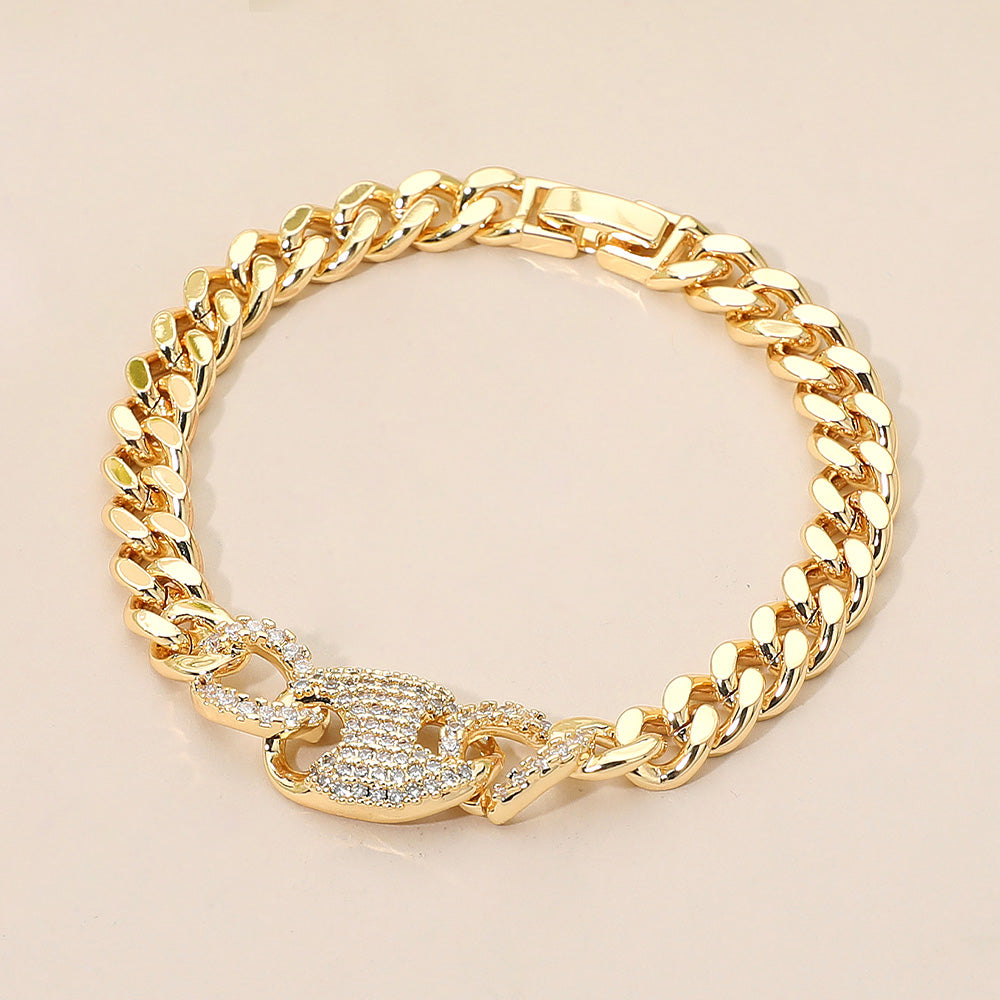 Madeline Love Gold CZ Stone Paved Mariner Link Charm Accent Cuban Link Chain Bracelet - Bracelets