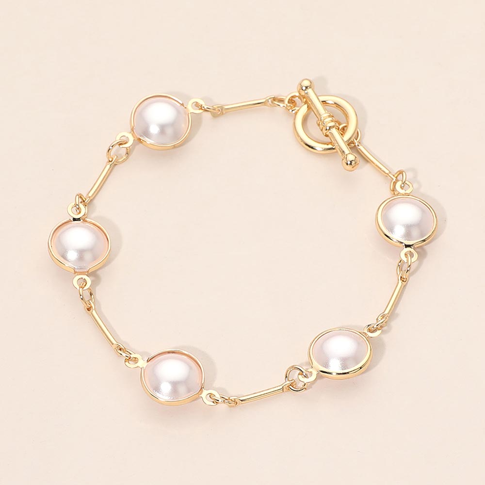 Madeline Love Cream, Gold Round Pearl Link Toggle Bracelet