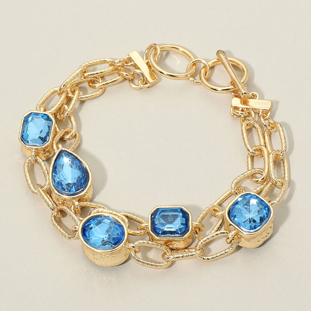 Madeline Love Blue Faceted Oval Teardrop Rectangular Stone Cluster Link Metal Chain Layered Bracelet