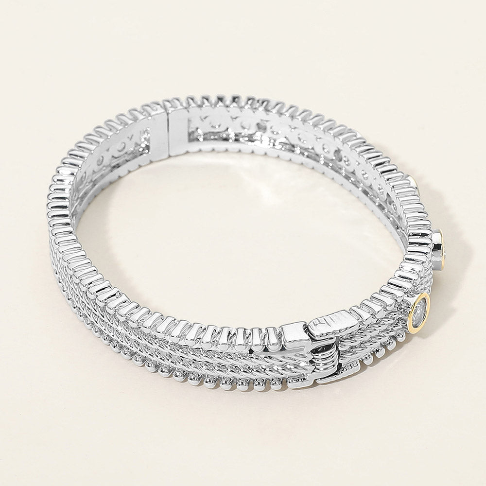 Madeline Love Topaz 14K Gold Plated CZ Bezel Station Accent Textured Hinged Bangle Bracelet - Bracelets - extra
