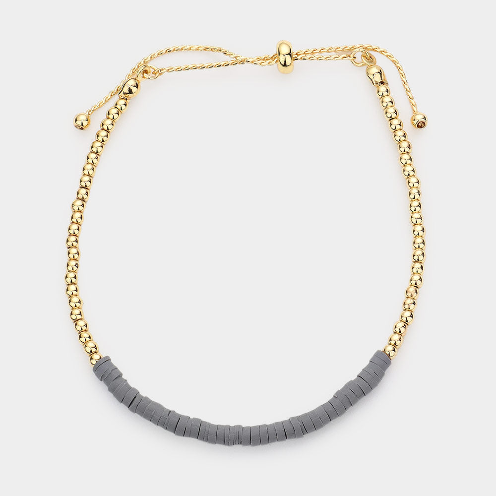 Madeline Love Gray Heishe Beaded Metal Ball Beaded Adjustable Cinch Pull Tie Bracelet - Bracelets