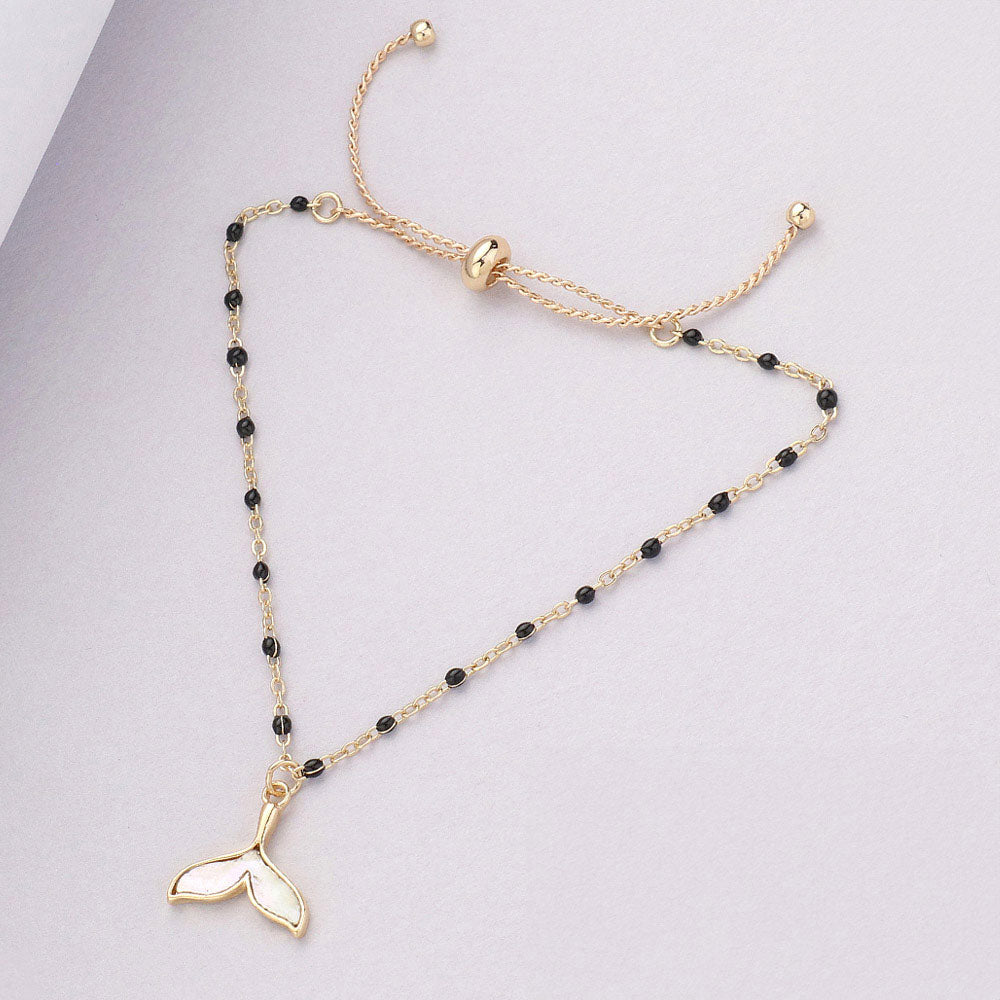 Madeline Love Black Mother Of Pearl Whale Tail Charm Beads Station Adjustable Pull Tie Bracelet - Bracelets