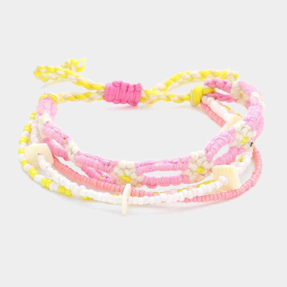 Madeline Love Pink Flower Threaded Shell Piece Pointed Beaded Adjustable Cinch Pull Tie Bracelet - Bracelets