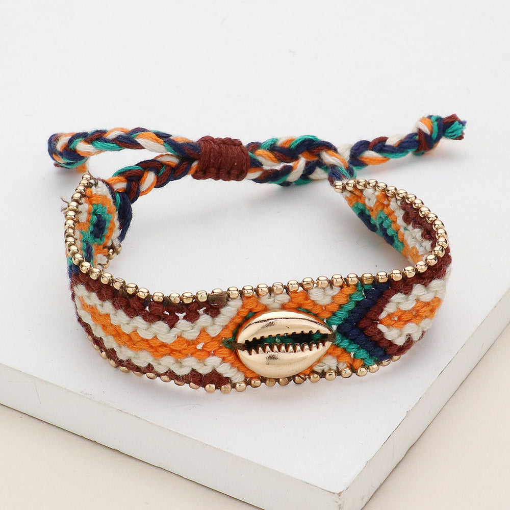 Multi, Orange Metal Puka Shell Pointed Aztec Pattern Threaded Adjustable Cinch Pull Tie Bracelet