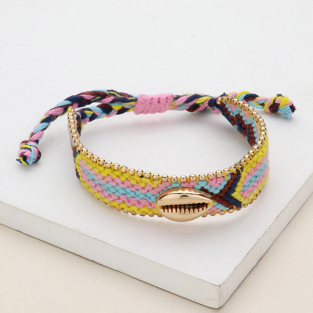 Multi, Yellow Metal Puka Shell Pointed Aztec Pattern Threaded Adjustable Cinch Pull Tie Bracelet