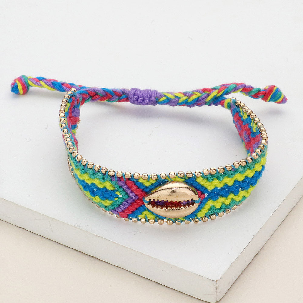 Green, Multi Metal Puka Shell Pointed Aztec Pattern Threaded Adjustable Cinch Pull Tie Bracelet