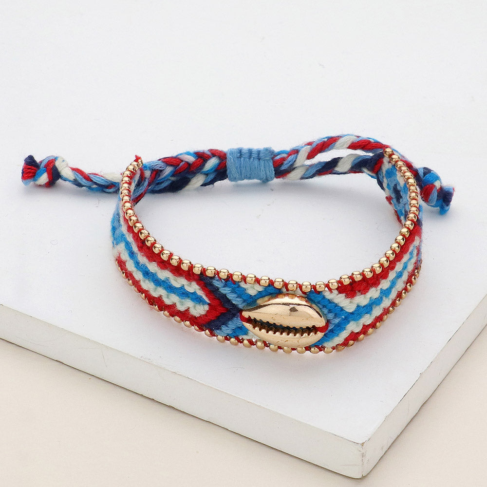 Blue, Multi Metal Puka Shell Pointed Aztec Pattern Threaded Adjustable Cinch Pull Tie Bracelet