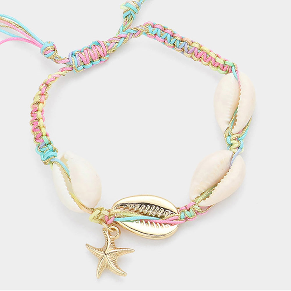 Gold Puka Shell Accented Metal Starfish Charm Pointed Braided Cinch Pull Tie Adjustable Bracelet