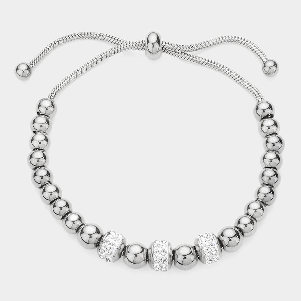 Madeline Love Rhodium Stone Paved Bead Accented Metal Beaded Adjustable Pull Tie Bracelet - Bracelets