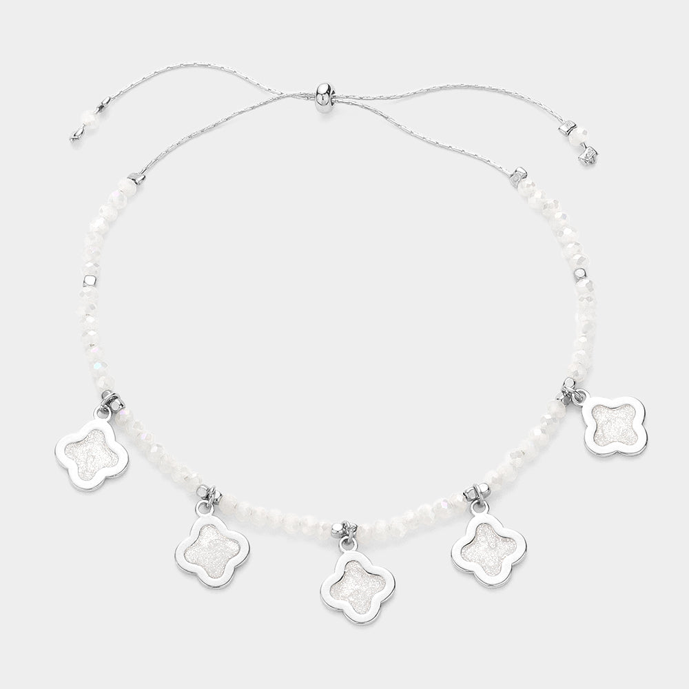 Madeline Love Cream, Rhodium Quatrefoil Bezel Station Beaded Adjustable Pull Tie Bracelet - Bracelets