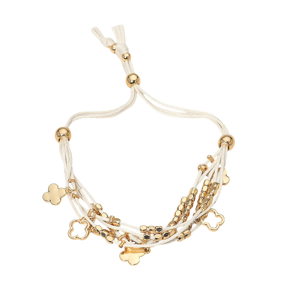 Madeline Love Gold, White Quatrefoil Charm Beaded Multi Layered Cord Adjustable Cinch Pull Tie Bracelet - Bracelets - desc
