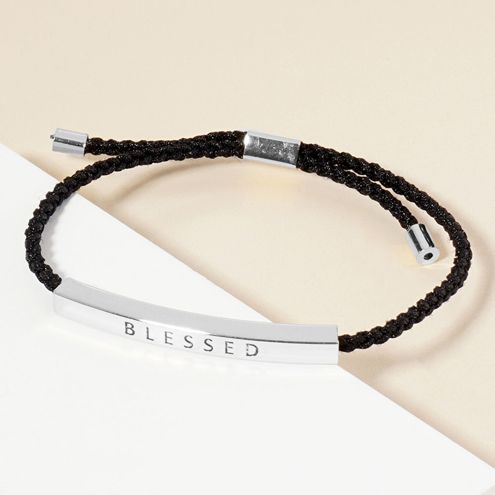 Madeline Love Rhodium White Gold Dipped BLESSED Message Bar Pointed Rope Adjustable Cinch Pull Tie Bracelet - Bracelets