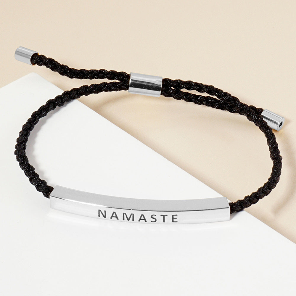Madeline Love Rhodium White Gold Dipped NAMASTE Message Bar Pointed Rope Adjustable Bracelet - Bracelets