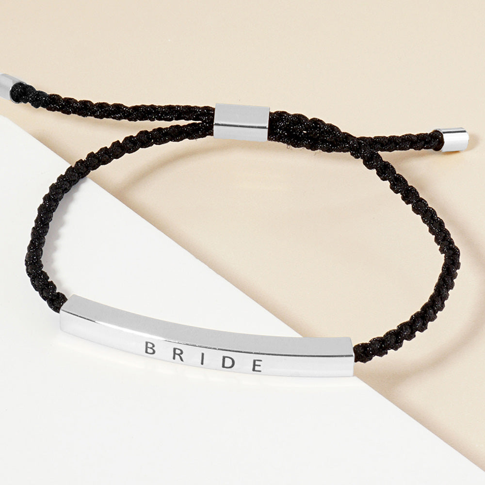 Madeline Love Rhodium White Gold Dipped BRIDE Message Bar Pointed Rope Adjustable Cinch Pull Tie Bracelet - Bracelets