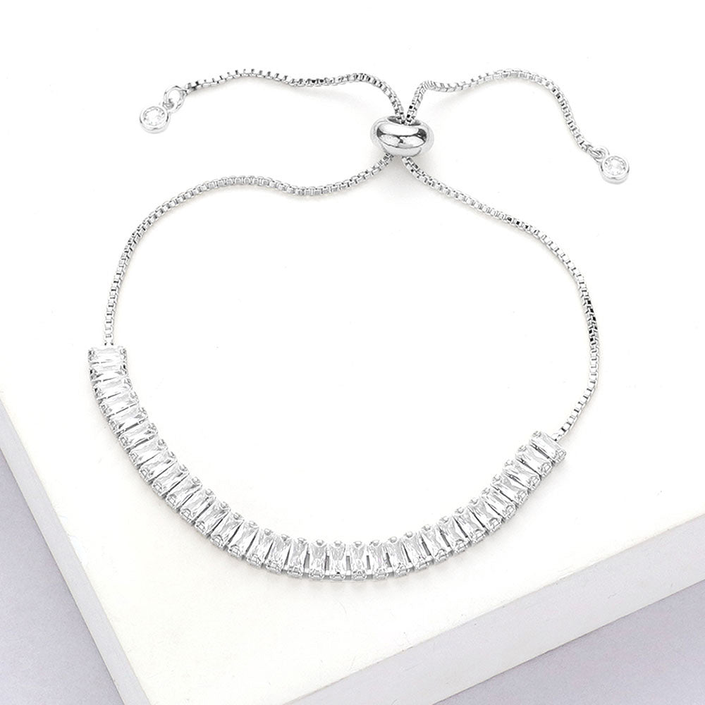 Madeline Love Silver Stainless Steel Baguette CZ Stone Tennis Chain Pull Tie Adjustable Bracelet - Bracelets