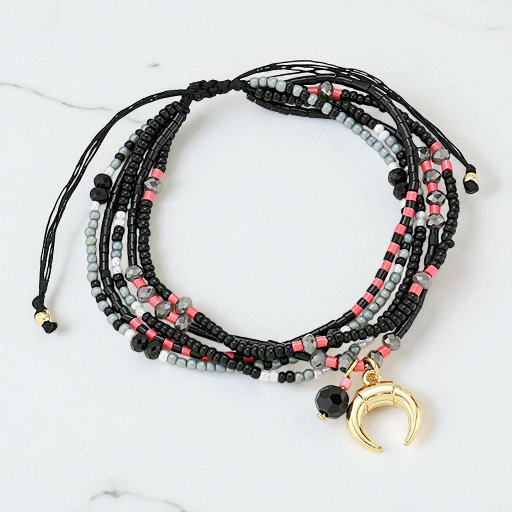 Madeline Love Black, Gold Double Horn Charm Multi-Strand Boho Beaded Adjustable Cinch Pull Tie Bracelet - Bracelets