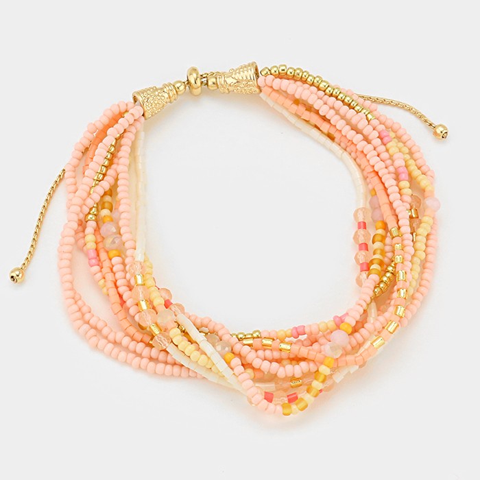 Madeline Love Gold, Peach Multi-strand Boho Beaded Adjustable Pull Tie Bracelet - Bracelets