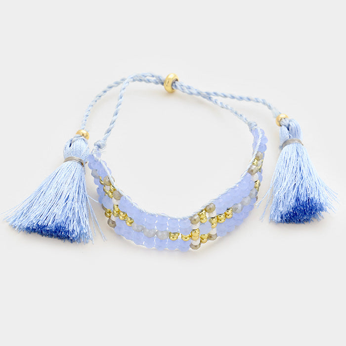 Madeline Love Blue, Gold Double Tassel Beaded Adjustable Cinch Pull Tie Bracelet - Bracelets