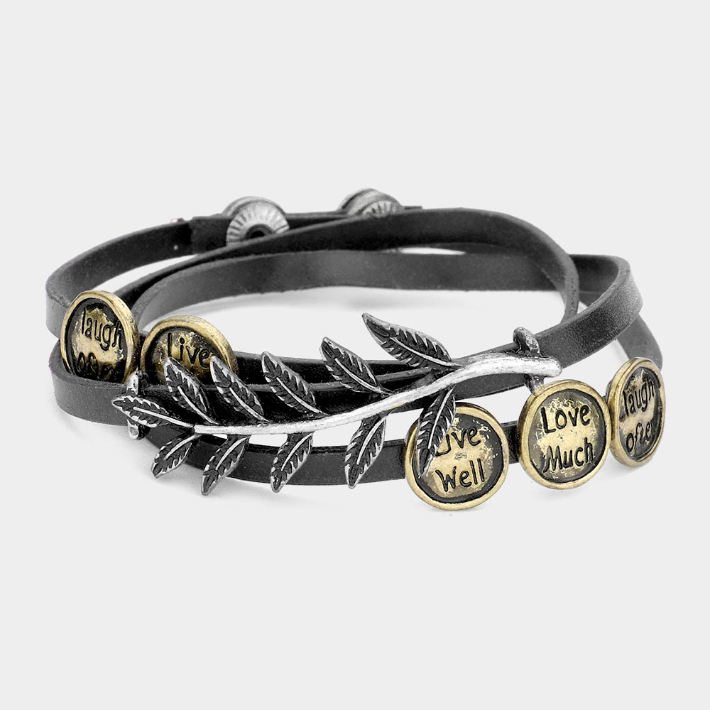 Madeline Love Black, Gold Burnished, Silver Burnished Message Disc Cluster Laurel Faux Leather Wrap Bracelet - Bracelets