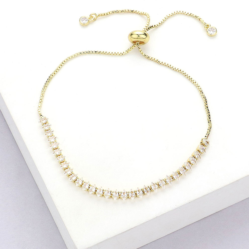 Madeline Love Gold Stainless Steel Marquise CZ Stone Tennis Chain Pull Tie Adjustable Bracelet - Bracelets