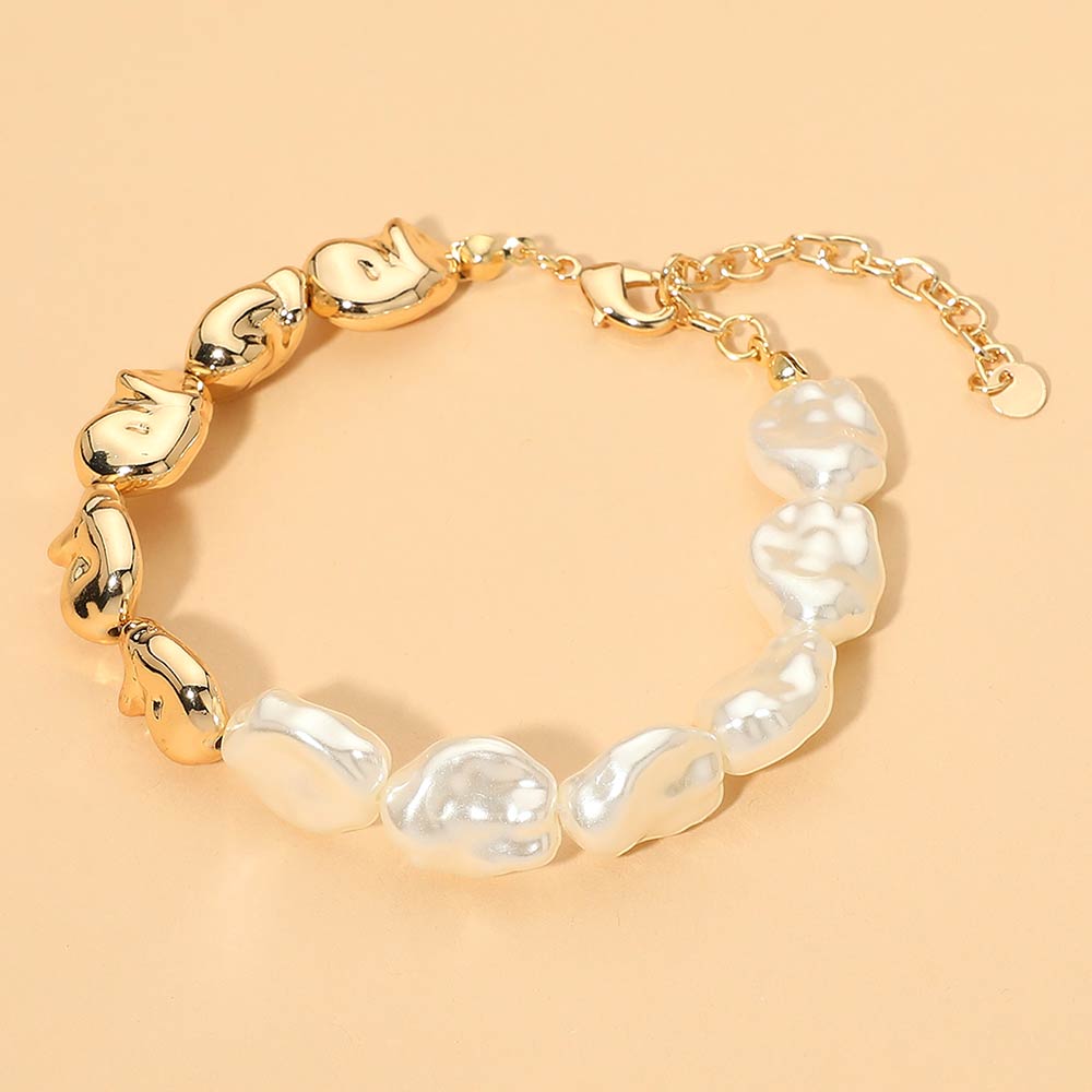 Madeline Love Cream, Gold Elegant Pearl Metal Pebble Link Bracelet