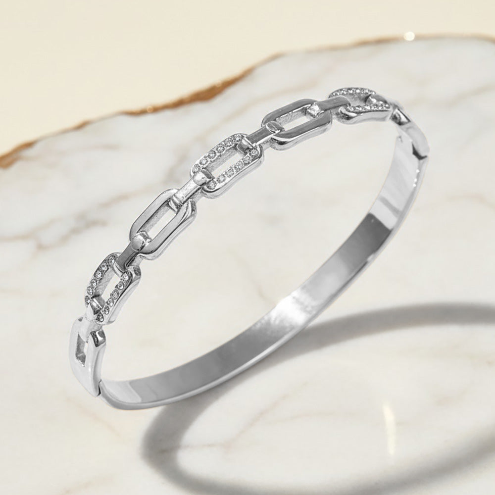 Madeline Love Silver Stainless Steel CZ Pave Link Hinged Bangle Bracelet