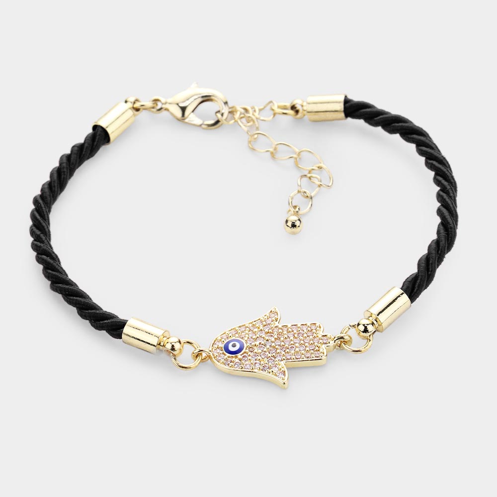 Madeline Love Black, Gold Rhinestone Embellished Hamsa Hand Enamel Evil Eye Charm Bracelet - Bracelets