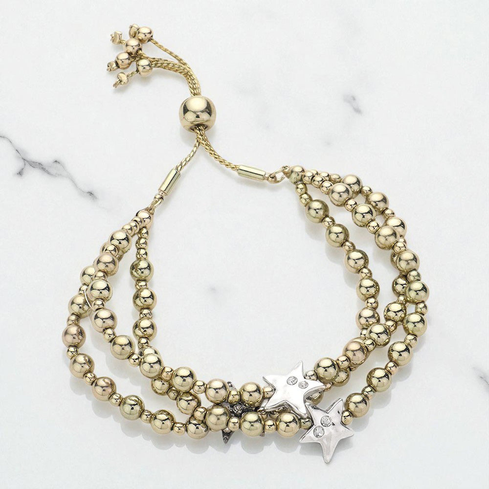 Madeline Love Three Tone Stone Paved Star Pointed Beaded Triple Layered Pull Tie Cinch Bracelet - Bracelets