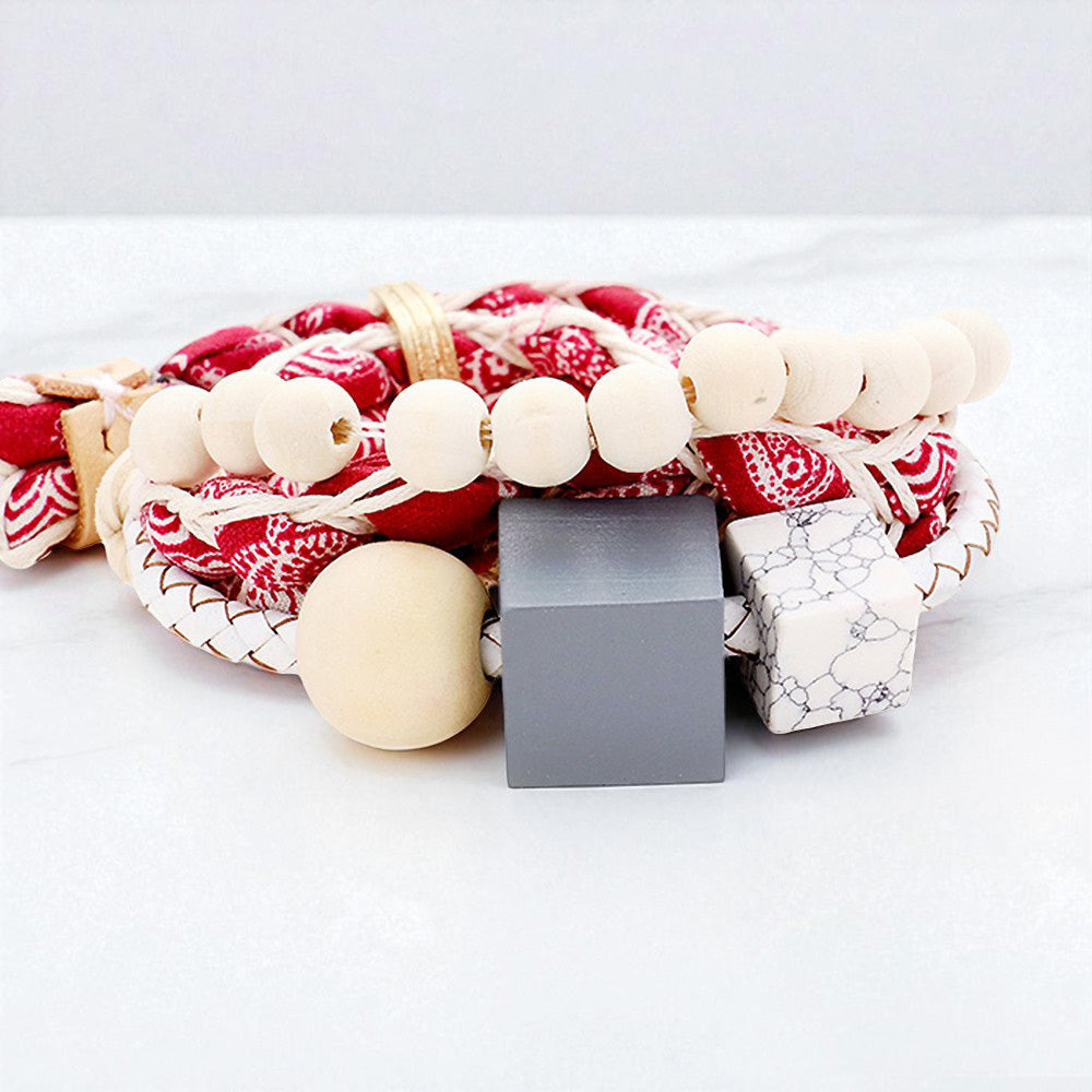 Madeline Love Neutral, Red Fabric Braid Wood Cube Adjustable Bracelet - Bracelets