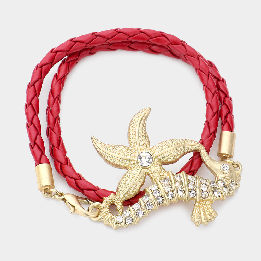 Madeline Love Red Stone Embellished Starfish Seahorse Braided Faux Leather Wrap Bracelet - Bracelets