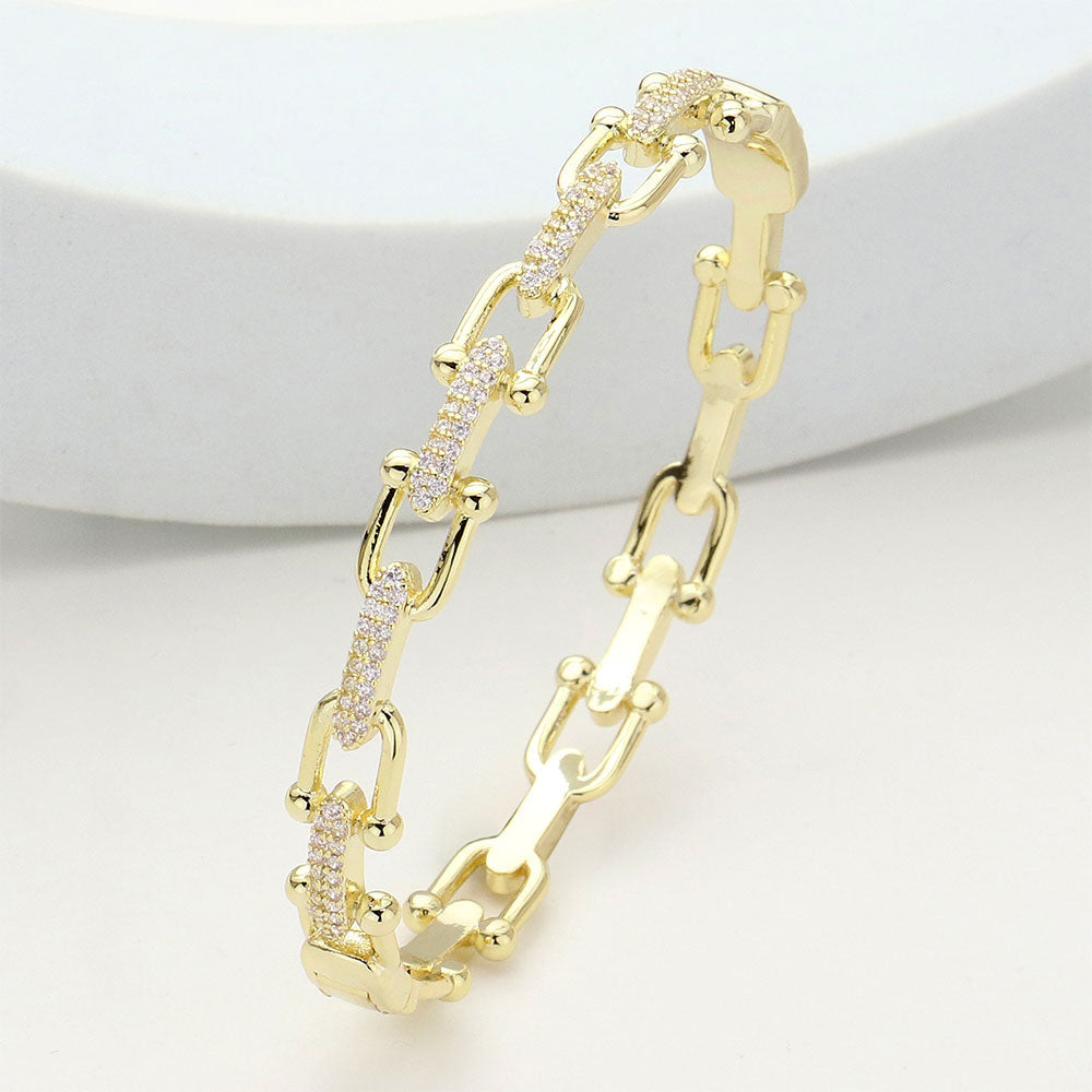 Madeline Love Clear, Gold CZ Stone Paved Horseshoe Buckle Hinged Bangle Bracelet