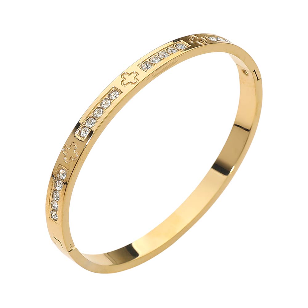 Madeline Love Gold Stainless Steel CZ Accent Quatrefoil Engraved Hinged Bangle Bracelet - Bracelets - desc