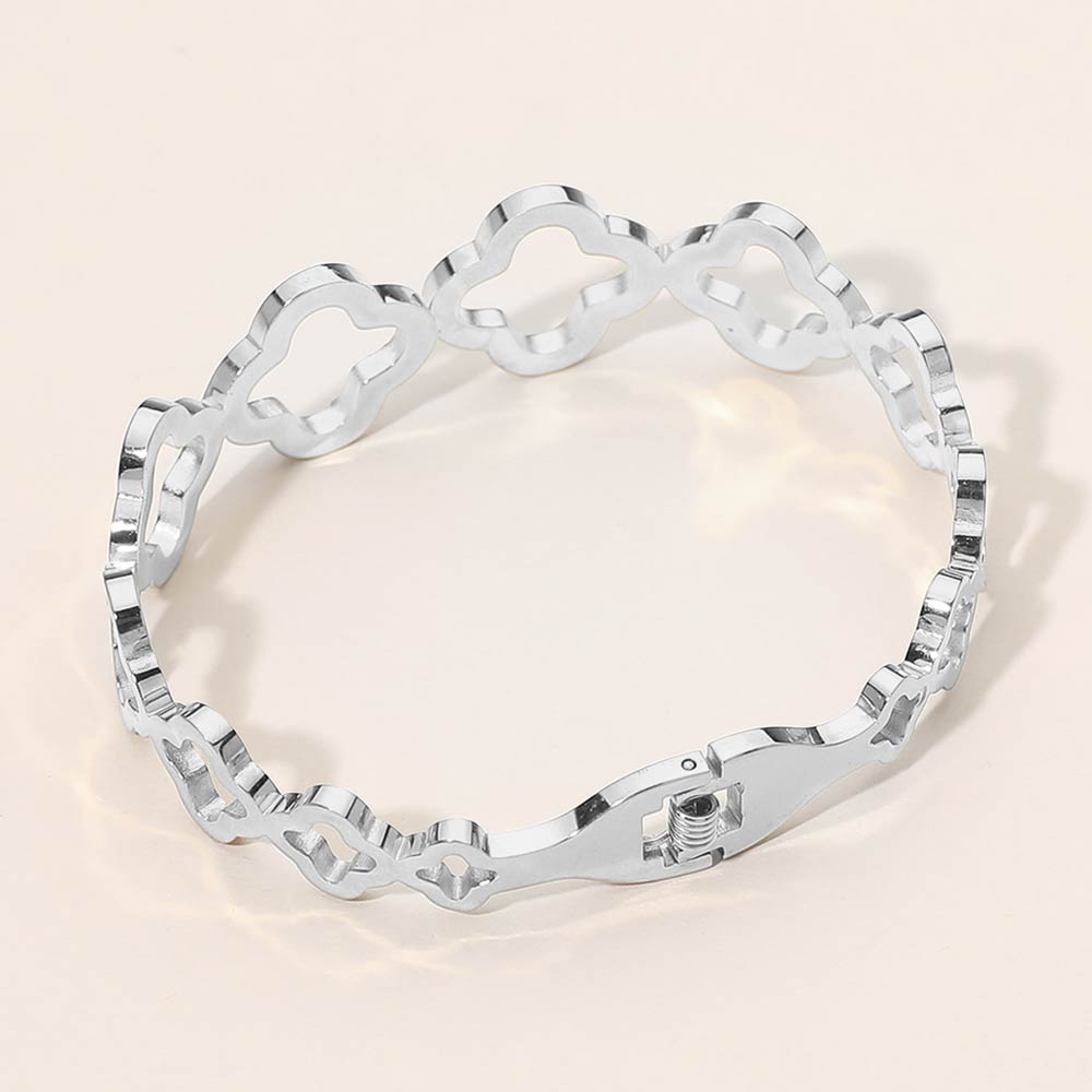 Madeline Love Silver Stainless Steel CZ Pave Accent Open Quatrefoil Link Hinged Bangle Bracelet - Bracelets - extra