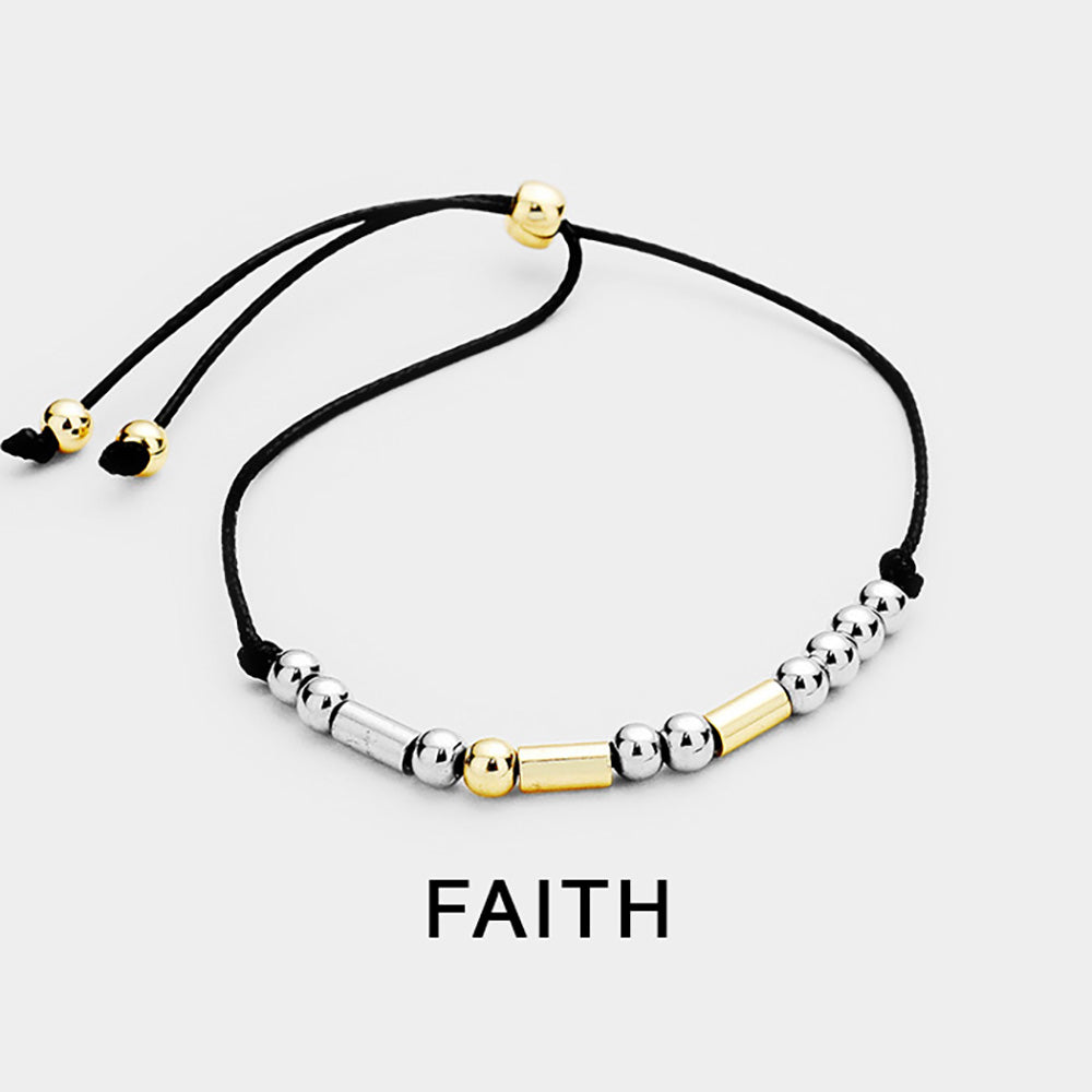 Madeline Love Black, Two Tone FAITH Message Morse Code Adjustable Cinch Pull Tie Bracelet - Bracelets