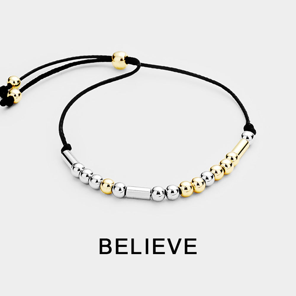 Madeline Love Black, Two Tone BELIEVE Message Morse Code Adjustable Cinch Pull Tie Bracelet - Bracelets