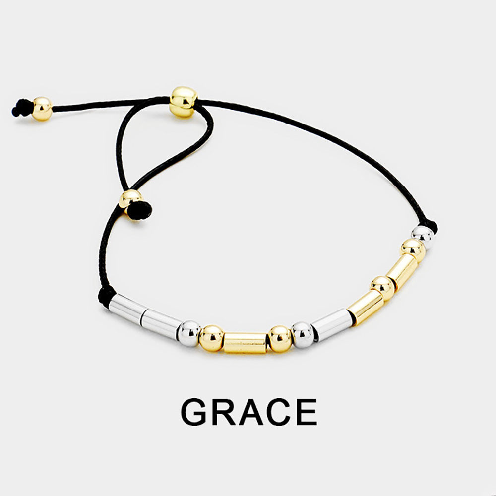 Madeline Love Black, Two Tone GRACE Message Morse Code Adjustable Cinch Pull Tie Bracelet - Bracelets
