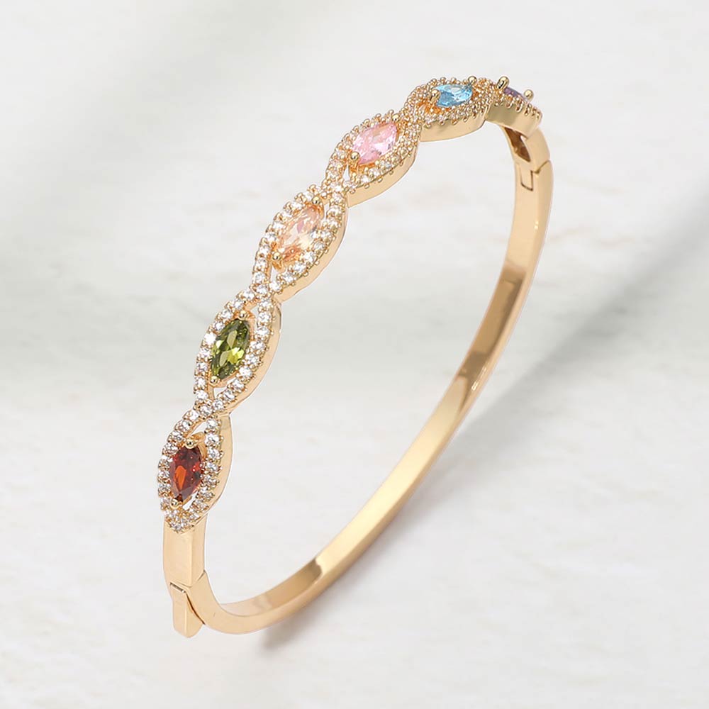 Madeline Love Gold, Multi 14K Gold Plated Marquise CZ Stone Cluster Around Hinged Bangle Bracelet - Bracelets
