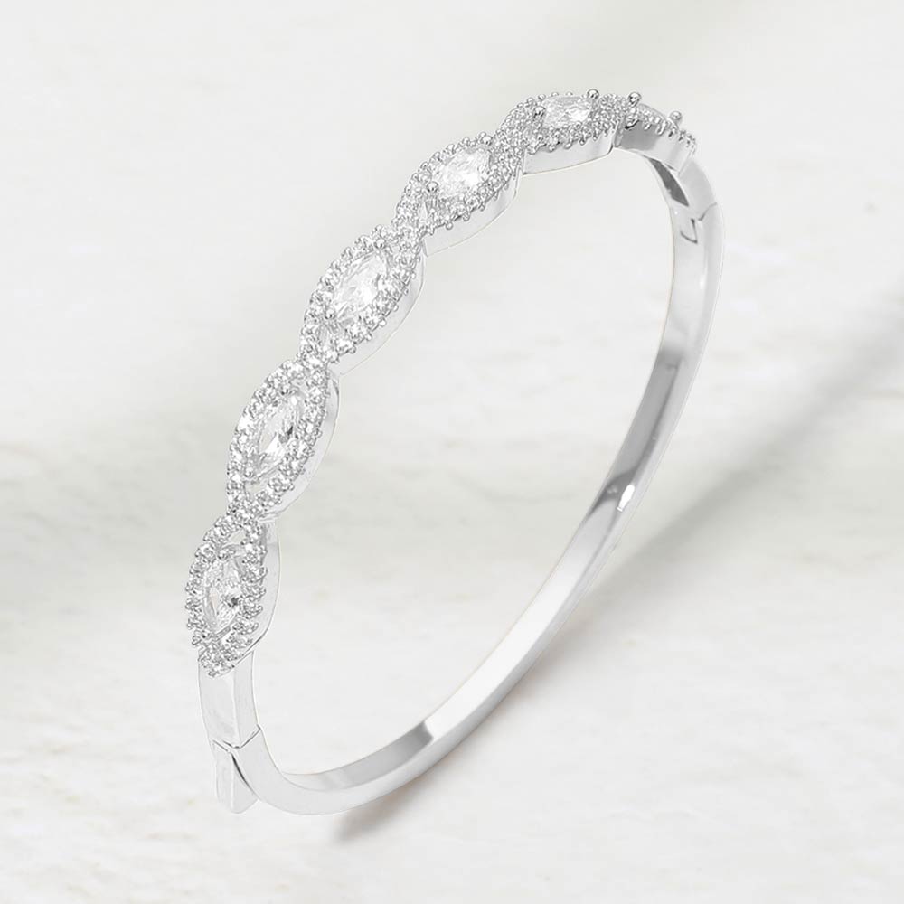 Madeline Love Clear, Silver Rhodium Plated Marquise CZ Stone Cluster Around Hinged Bangle Bracelet - Bracelets