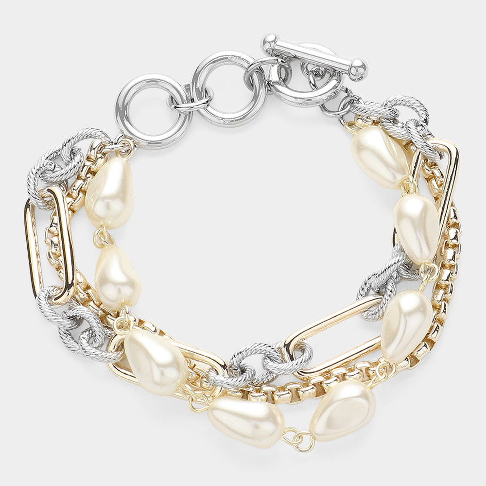 Madeline Love Cream, Two Tone 14K Gold Plated Irregular Pearl Metal Chain Toggle Bracelet