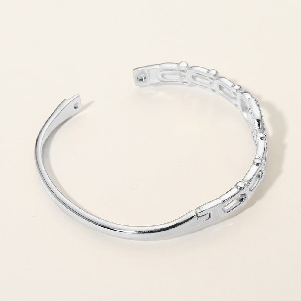 Madeline Love Silver Stainless Steel CZ Pave Horseshoe Accent Hinged Bangle Bracelet - Bracelets - extra