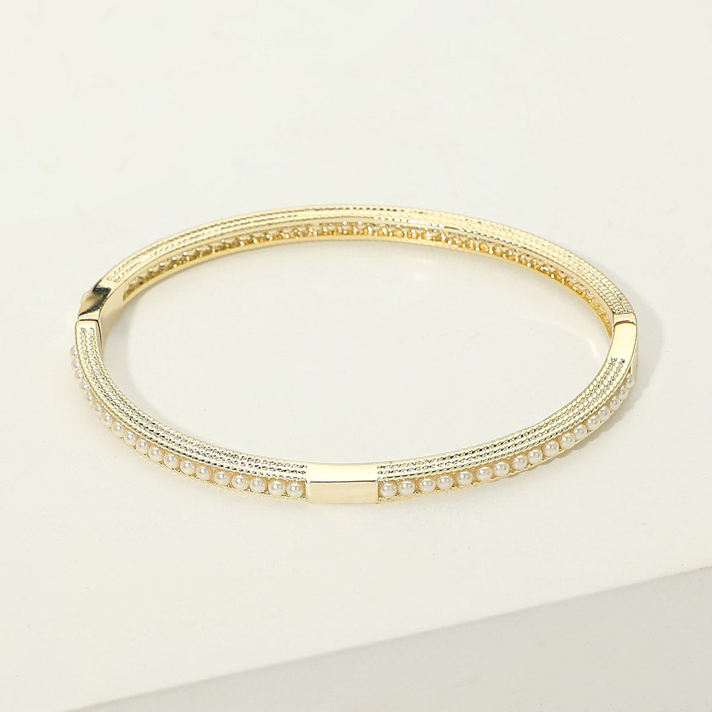 Madeline Love Gold 14K Gold Plated Pearl Pave Hinged Bangle Bracelet