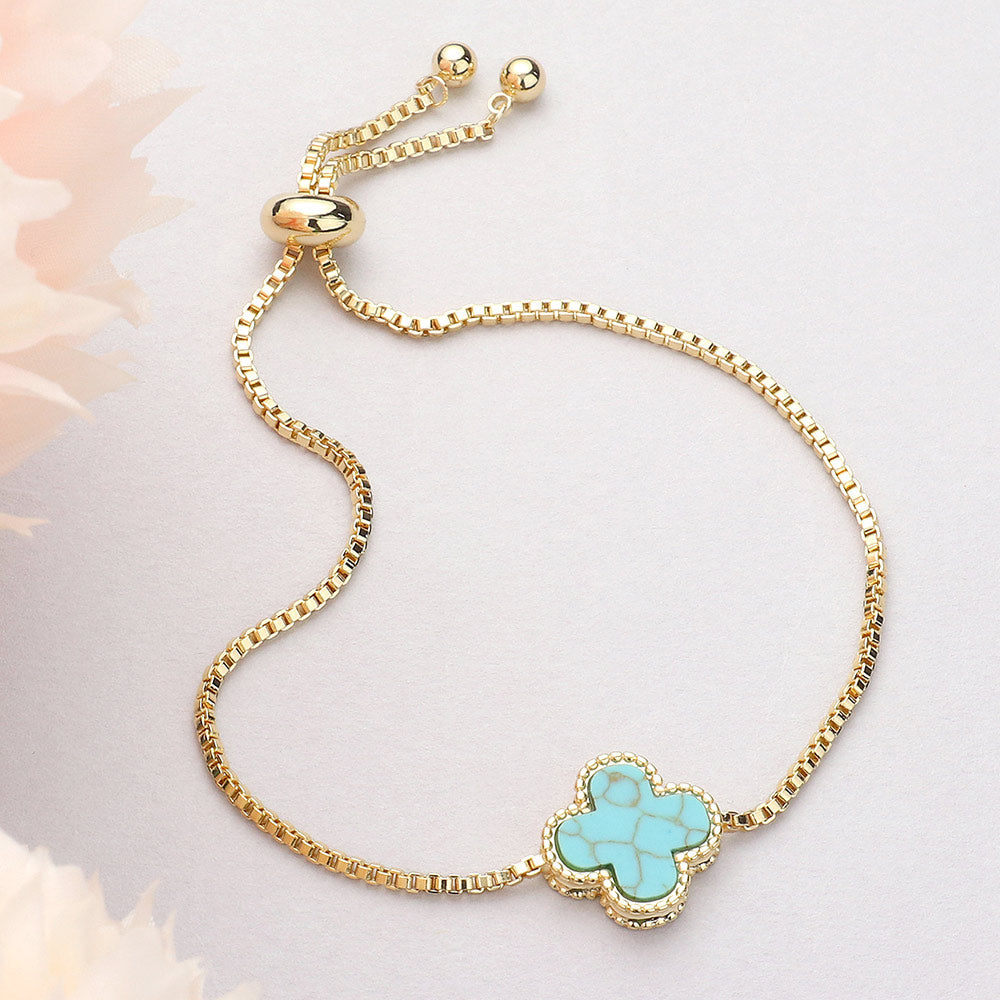 Madeline Love Gold, Turquoise Natural Stone Quatrefoil Cluster Pointed Adjustable Cinch Pull Tie Bracelet - Bracelets