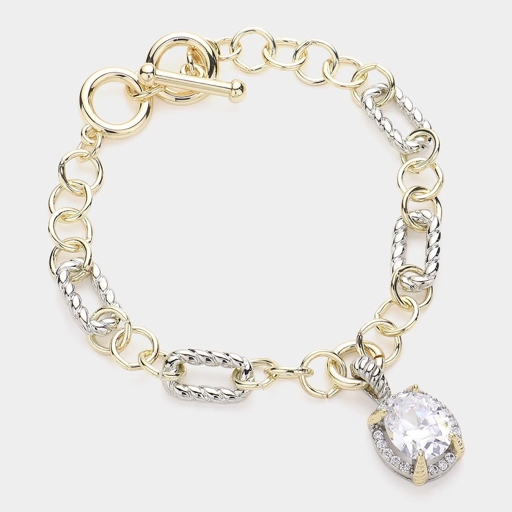 Madeline Love Two Tone Oval CZ Stone Charm Pointed 14K Gold Plated Two Tone Chain Bracelet