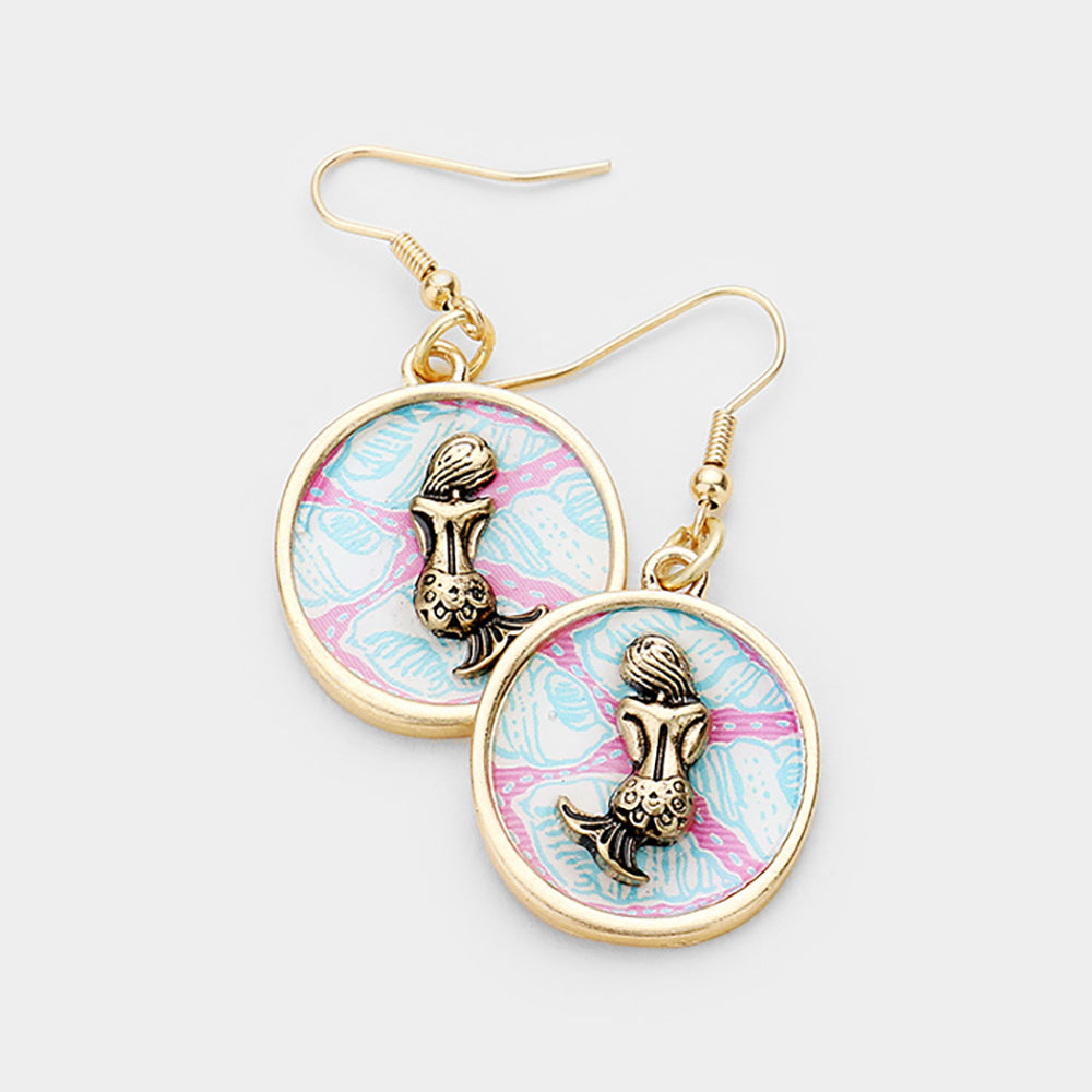 Worn Gold Patterned Mermaid Accented Dangle Earrings
