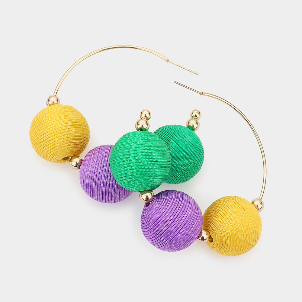 Multi Mardi Gras Thread Ball Accented Hoop Earrings