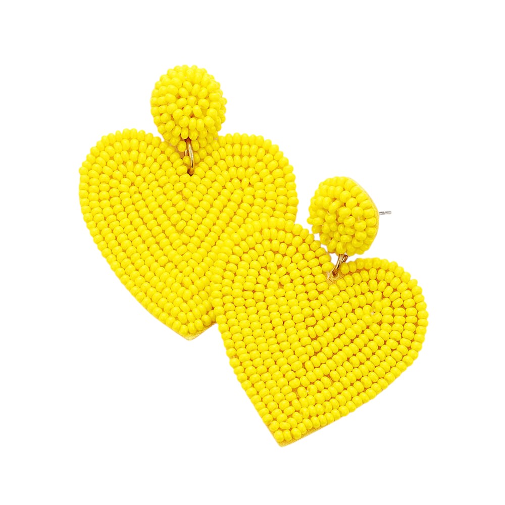Yellow Gold Seed Beaded Heart Drop Earrings. Look like the ultimate fashionista with these Earrings! Add something special to your outfit this Valentine! Special It will be your new favorite accessory. Perfect Birthday Gift, Mother's Day Gift, Anniversary Gift, Graduation Gift, Prom Jewelry, Valentine's Day Gift, Thank you Gift.