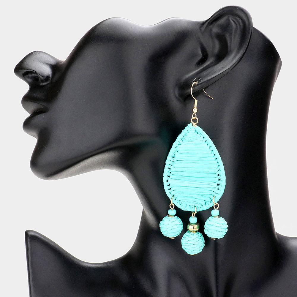 Madeline Love Turquoise Raffia Wrapped Teardrop Triple Ball Link Dangle Earrings