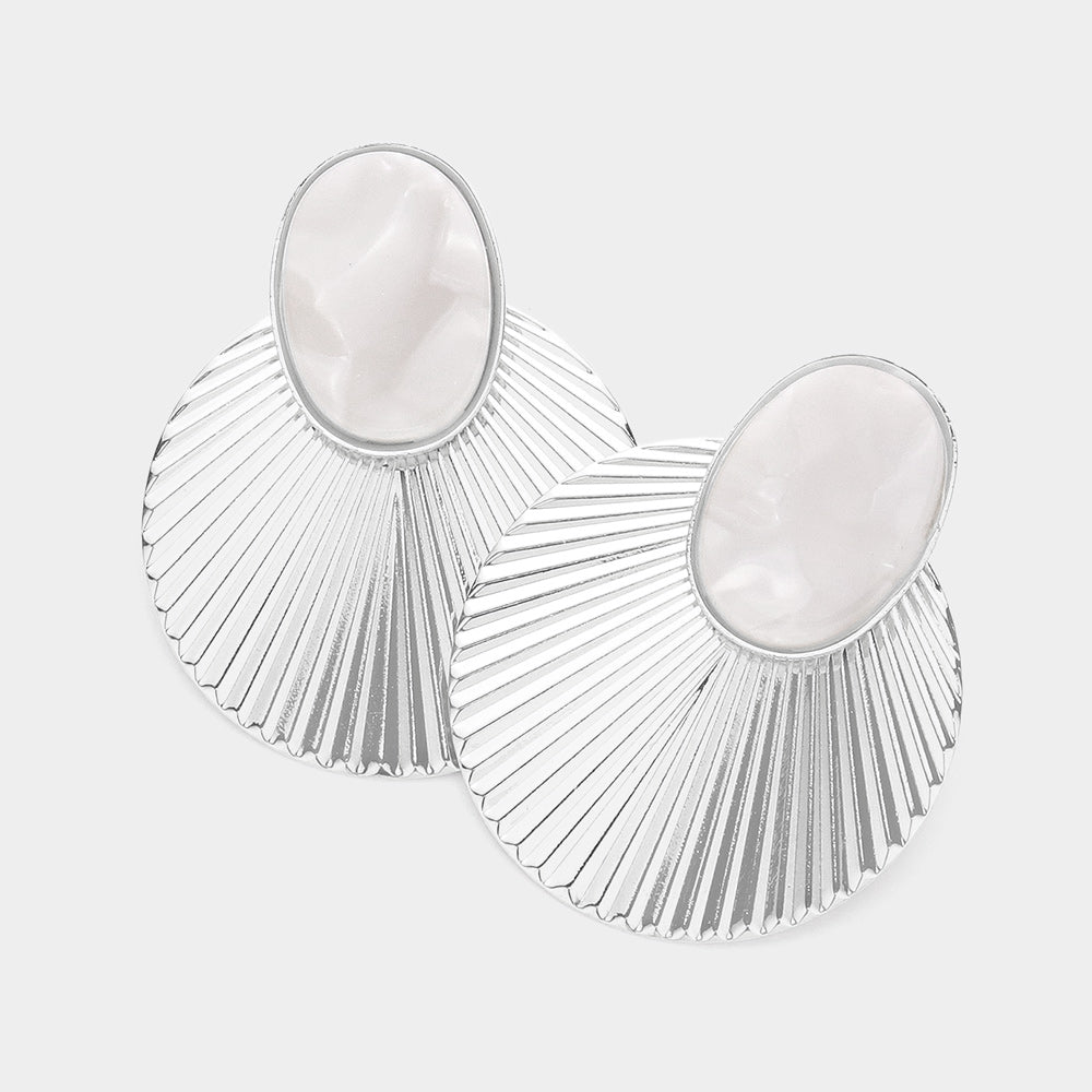Madeline Love Cream, Silver Oval Marble Resin Pointed Metal Shell Earrings